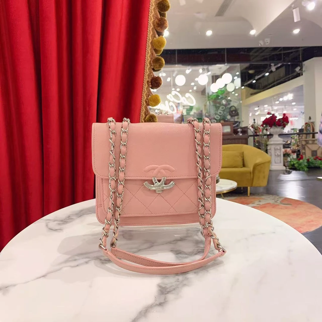 95新 Chanel/香奈儿 古巴系列小号粉色银扣斜挎包单肩包/63572673