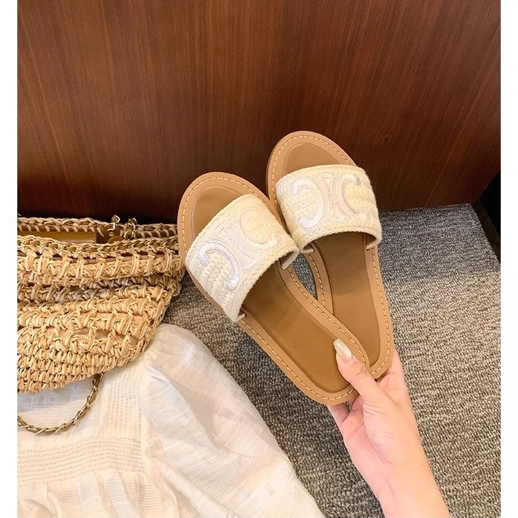 凯旋门刺绣编织平底女拖鞋外穿气质夏季2025新款法式凉拖鞋女草编