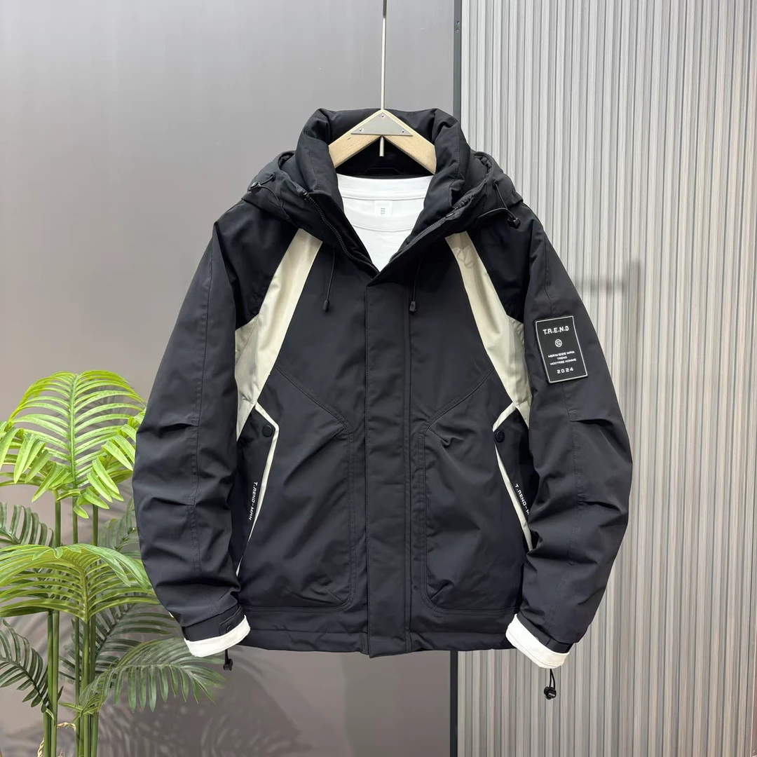 冬季拼色连帽冲锋衣羽绒服男士工装百搭户外加厚鸭绒保暖外套1072