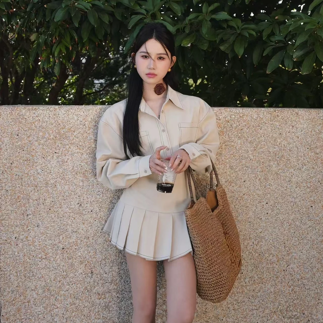 2025春季新款设计感时尚翻领长袖衬衫外套百褶半身短裙两件套