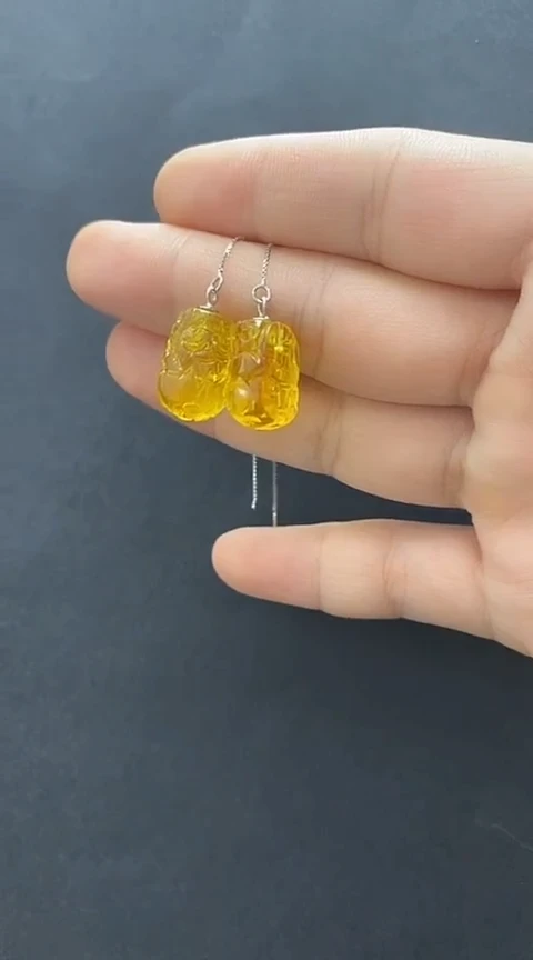 银S925镶嵌琥珀裸石琥珀耳线