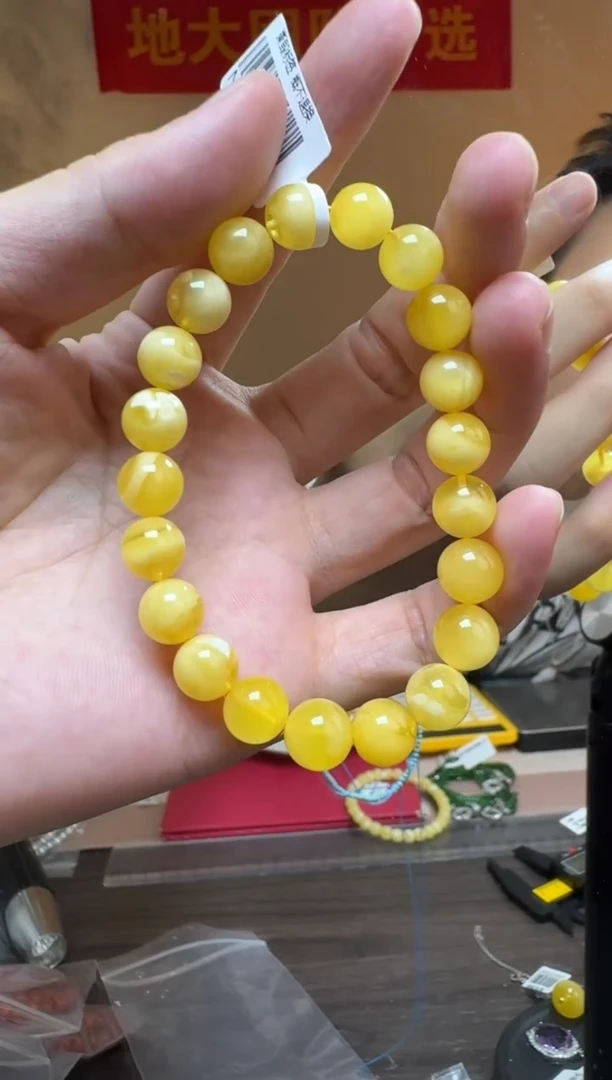手链琥珀未镶嵌约9-10mm金绞白花蜜蜡圆珠单圈