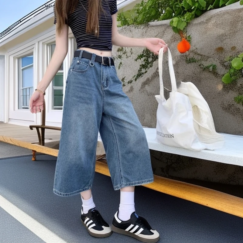 美式阔腿七分牛仔裤女2025年夏季新款7分裤显瘦直筒八分爆款裤子