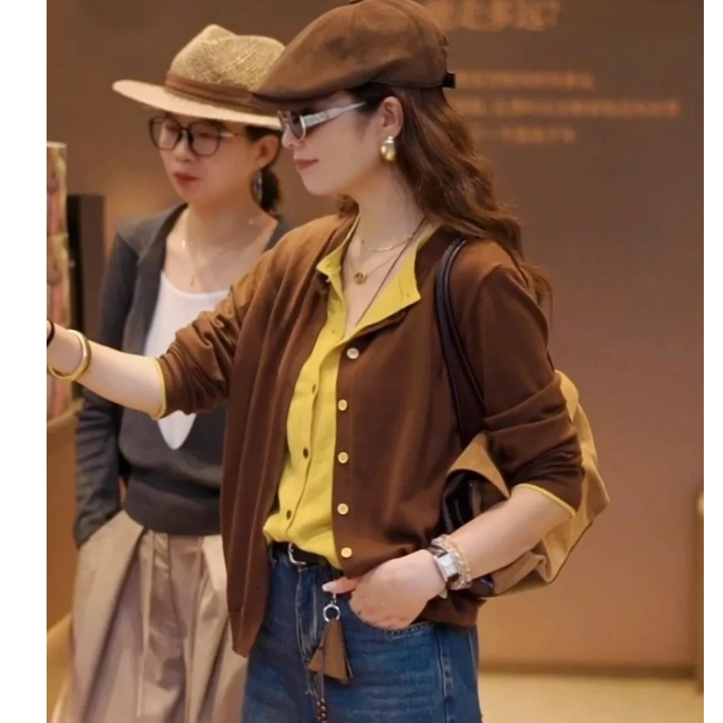 拉夏贝尔假两件撞色长袖针织开衫女秋季2025显瘦半开领打底衫上衣