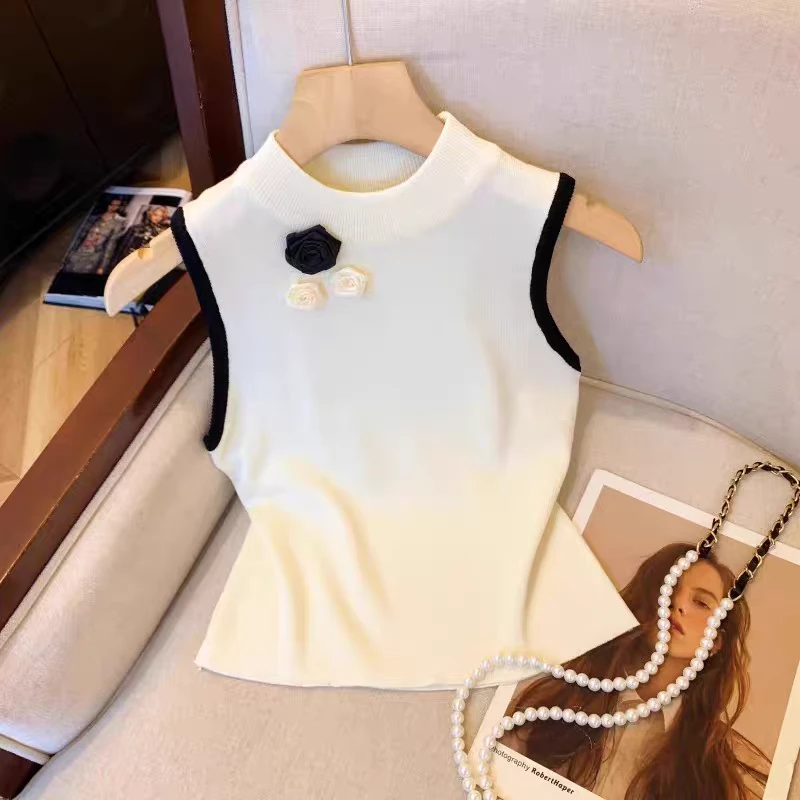 灰色立体花朵冰丝针织背心女2025夏季外穿工字吊带辣妹挖肩小上衣