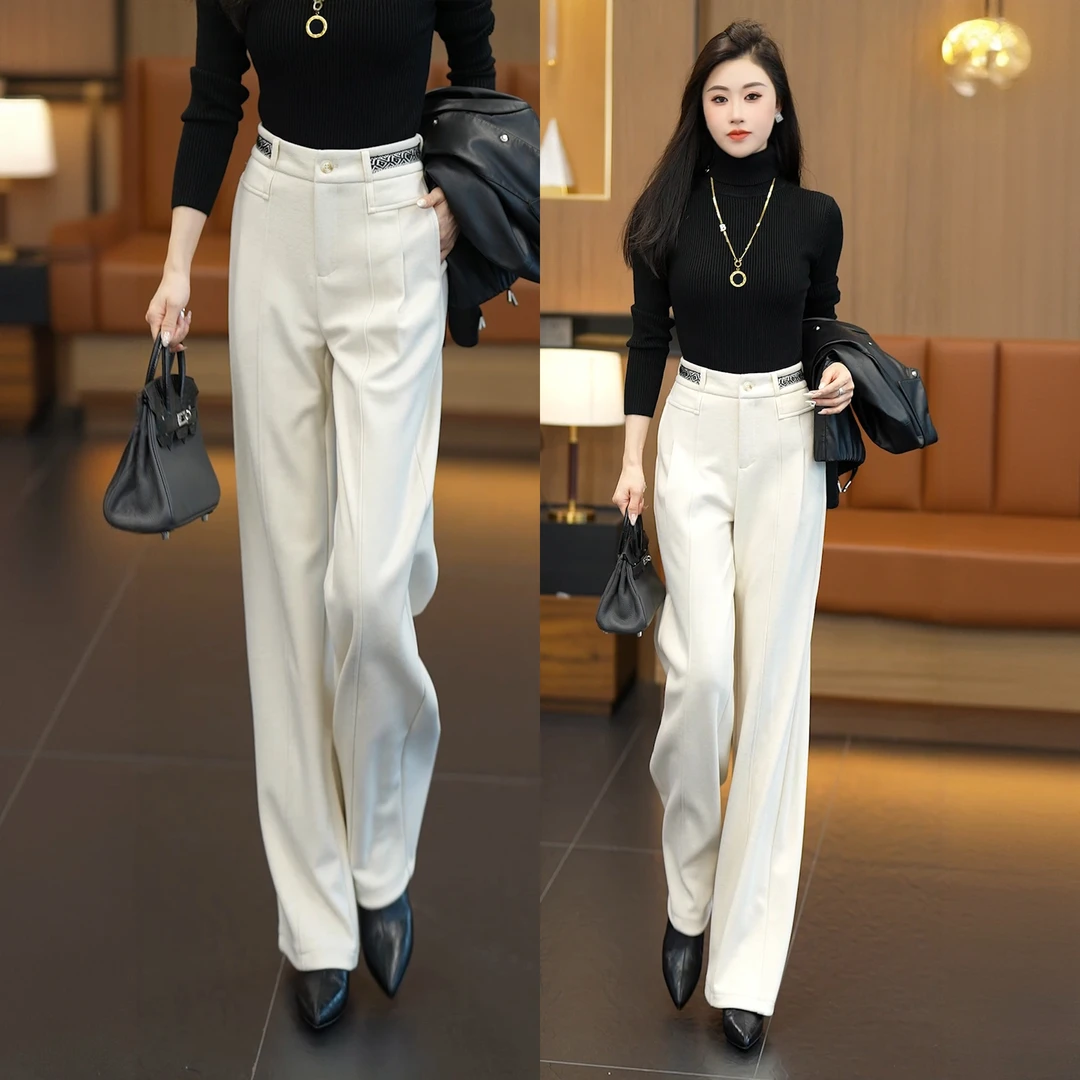 羊毛呢阔腿裤2025新款女士休闲裤秋冬季长裤子高腰宽松直筒西装裤