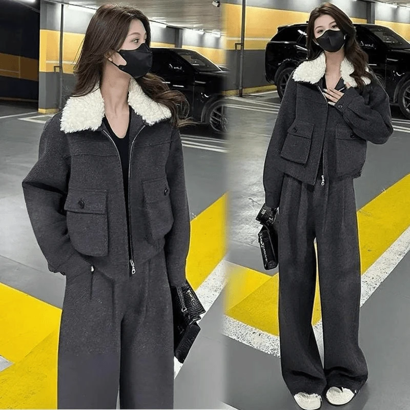 〈纪朵研〉1615冬季洋气外套阔腿裤两件套装