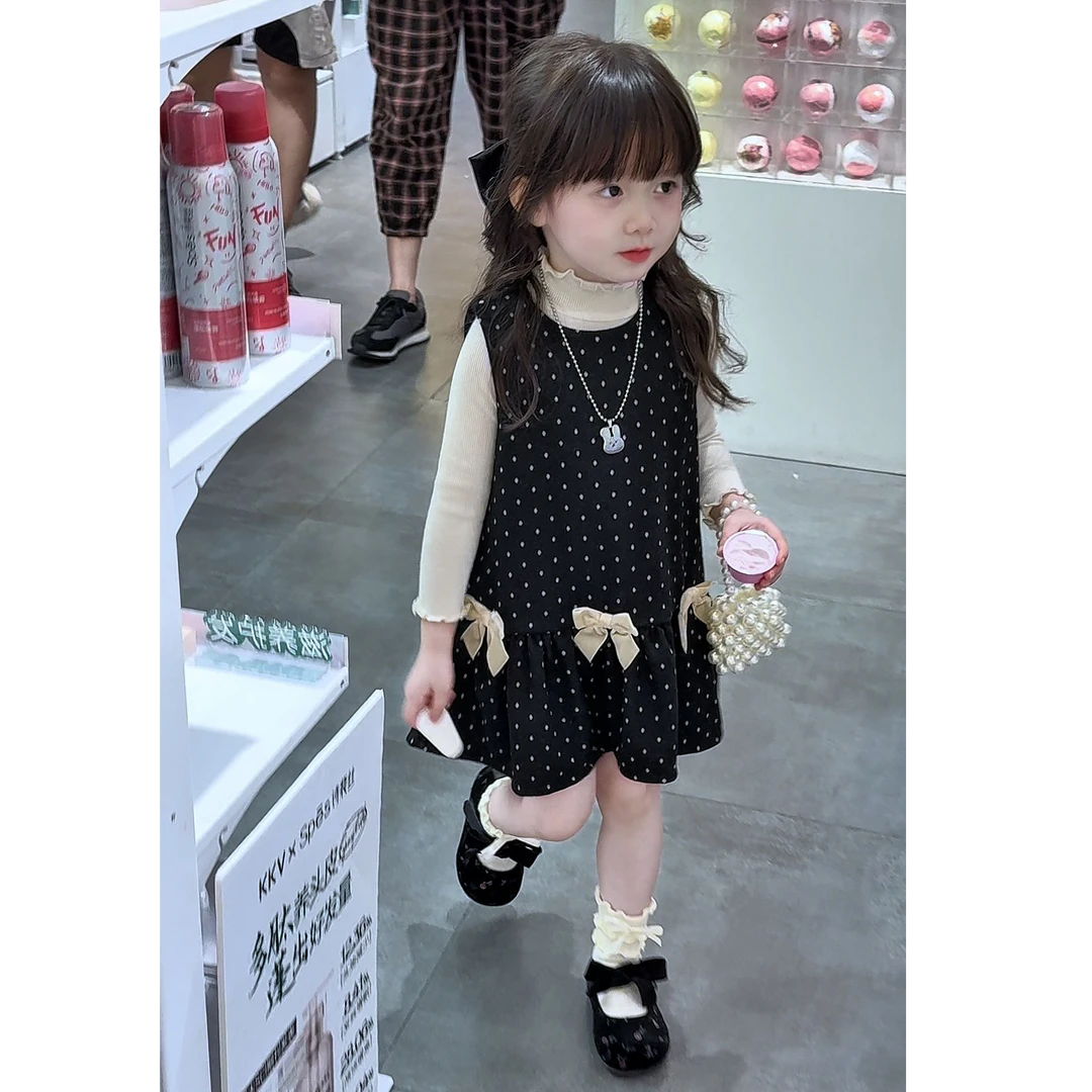 女童秋季新款套装波点公主蝴蝶结背心裙长袖打底衫女宝宝两件套
