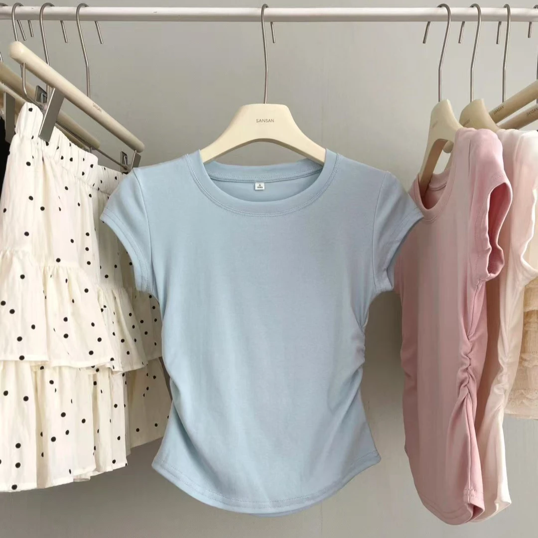 美式正肩v领短袖T恤女夏设计感抽褶修身收腰显瘦短款圆领辣妹上衣