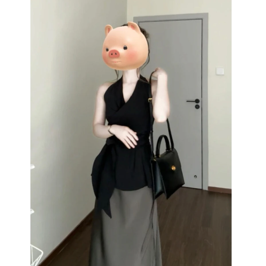 2025春季新款韩系气质挂脖V领背心上衣搭高腰显瘦半身裙两件套女