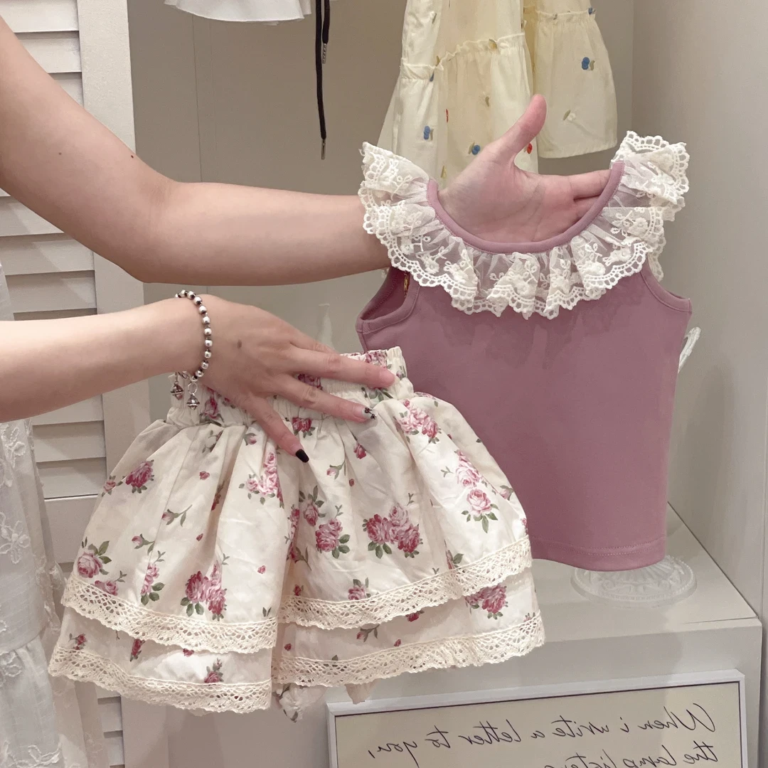 女童碎花无袖套装2025新款夏季宝宝蕾丝花边背心半身裙两件套甜美