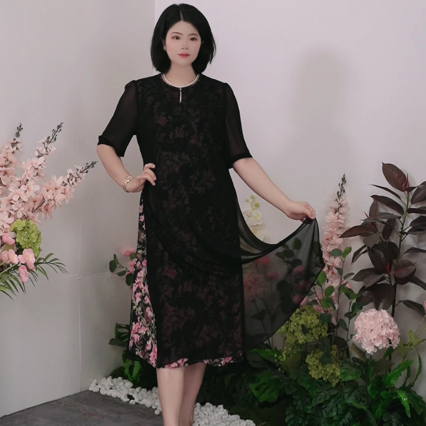司缪【W5240】轻奢大码女装圆领重工钉珠夏季轻薄复古显瘦连衣裙