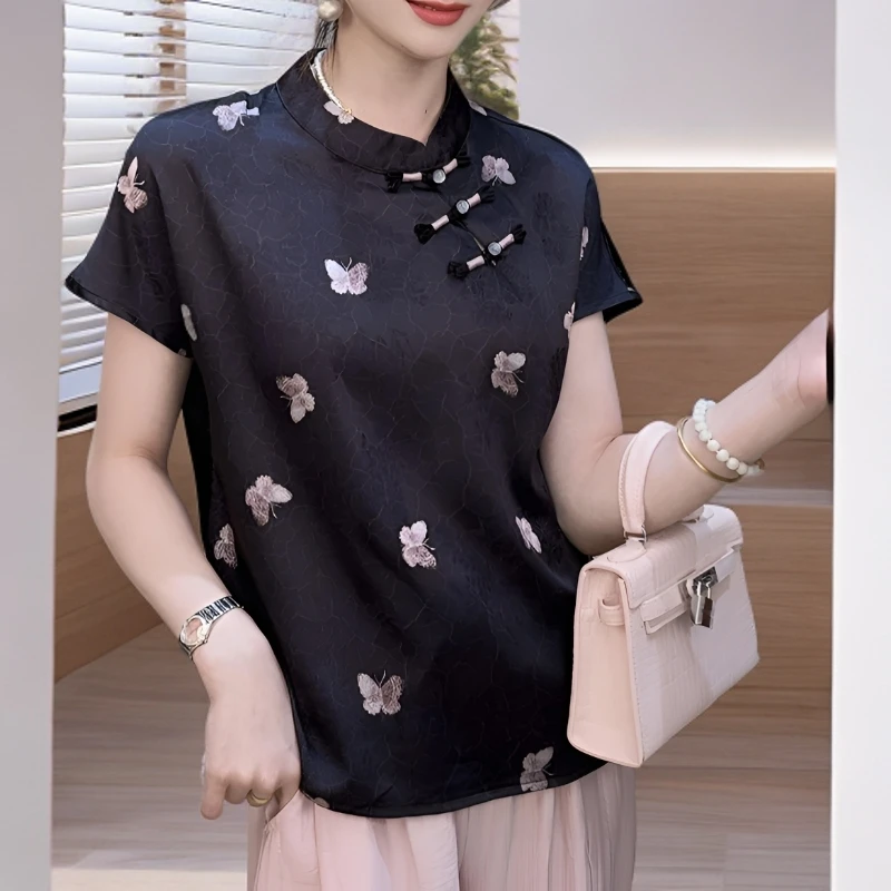 【粉蝶】夏季新款新中式国风印花蝴蝶黑色女夏款气质显瘦百搭小衫