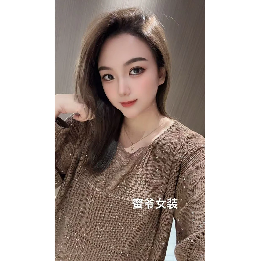 【蜜爷家】秋款亮片V领针织衫8255#