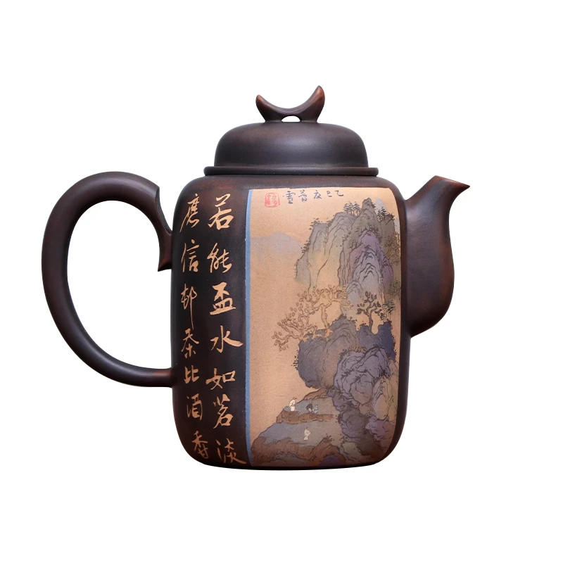 醉莲居云南建水紫陶茶壶名家手工开窗彩填月牙山水壶泡茶壶Z76