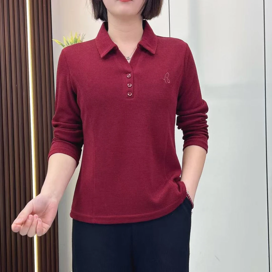 春季新款长袖翻领T恤休闲时尚小衫翻领中年上衣女