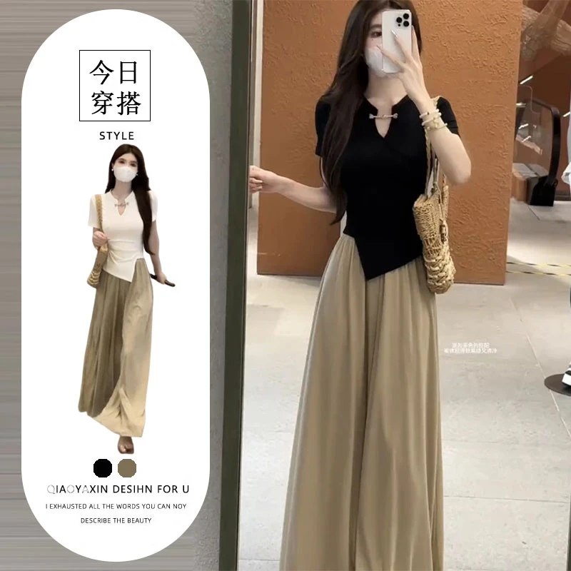 巨好看的夏装套装新中式不规则短袖上衣显瘦休闲阔腿裤气质两件套