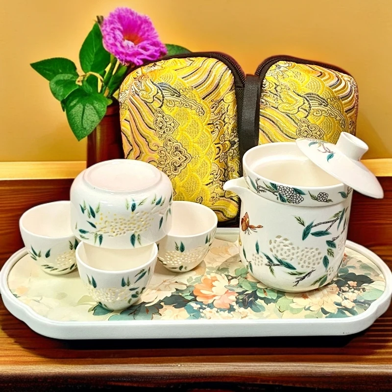 KZH0125-玲珑快客一壶四杯带主人杯+牡丹纯白茶盘户外旅行