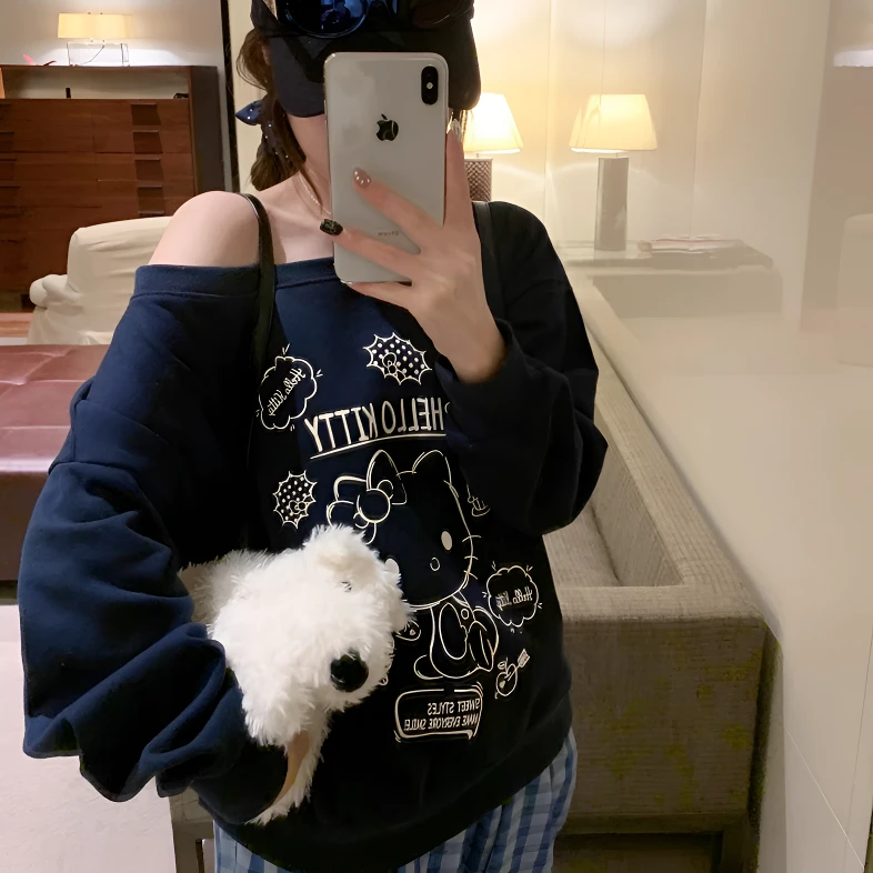 美式宽松kitty猫斜肩卫衣女秋2025新款露肩oversize套头上衣薄款