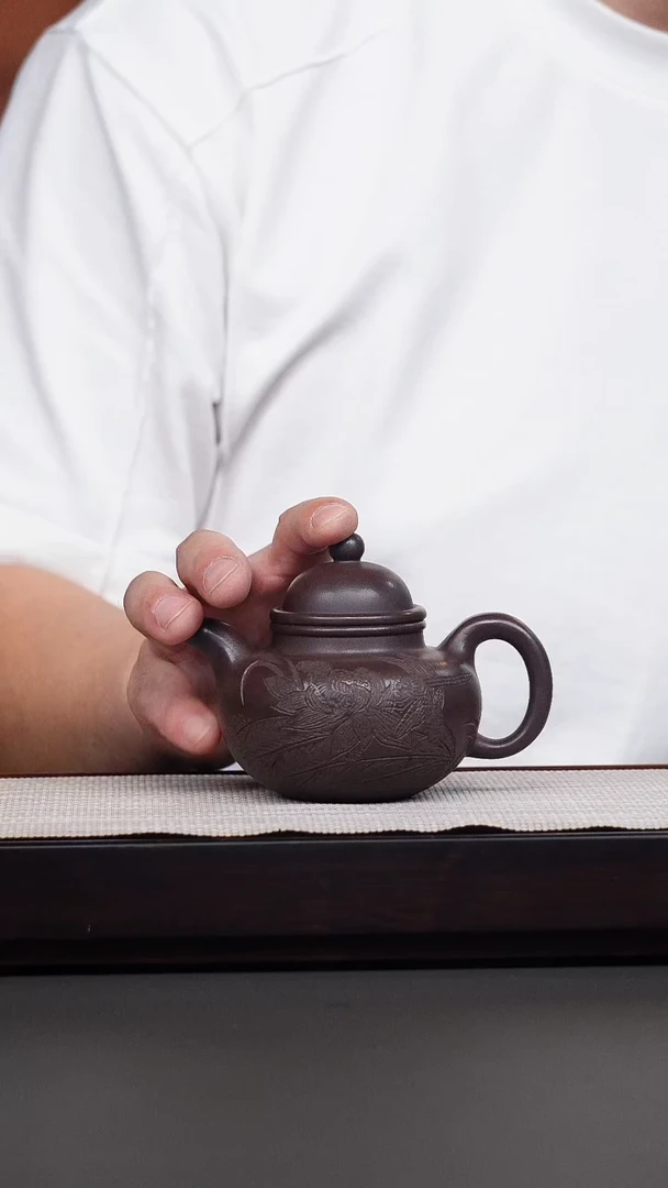 茶壶紫砂老紫泥刻绘蜻蜓掇球