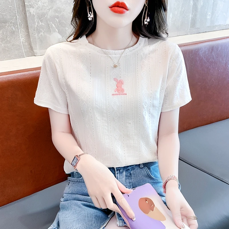 通勤圆领镂空短袖T恤修身气质女士上衣夏季宽松百搭减龄半袖小衫