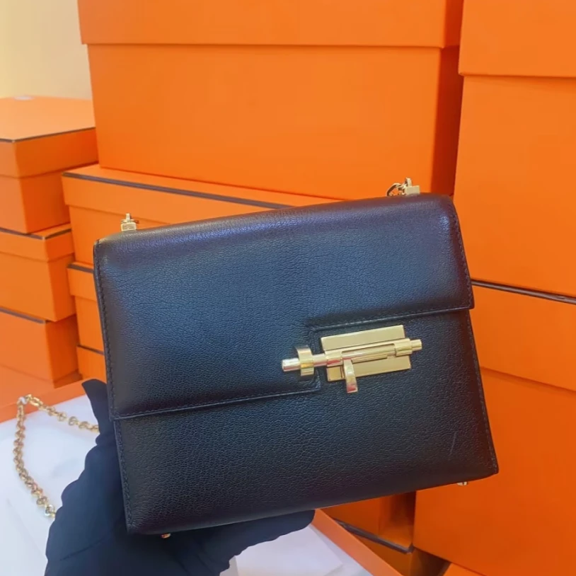 95新 Hermes/爱马仕 大头活动 插销包 17 黑色 Chevre皮 D刻 金扣
