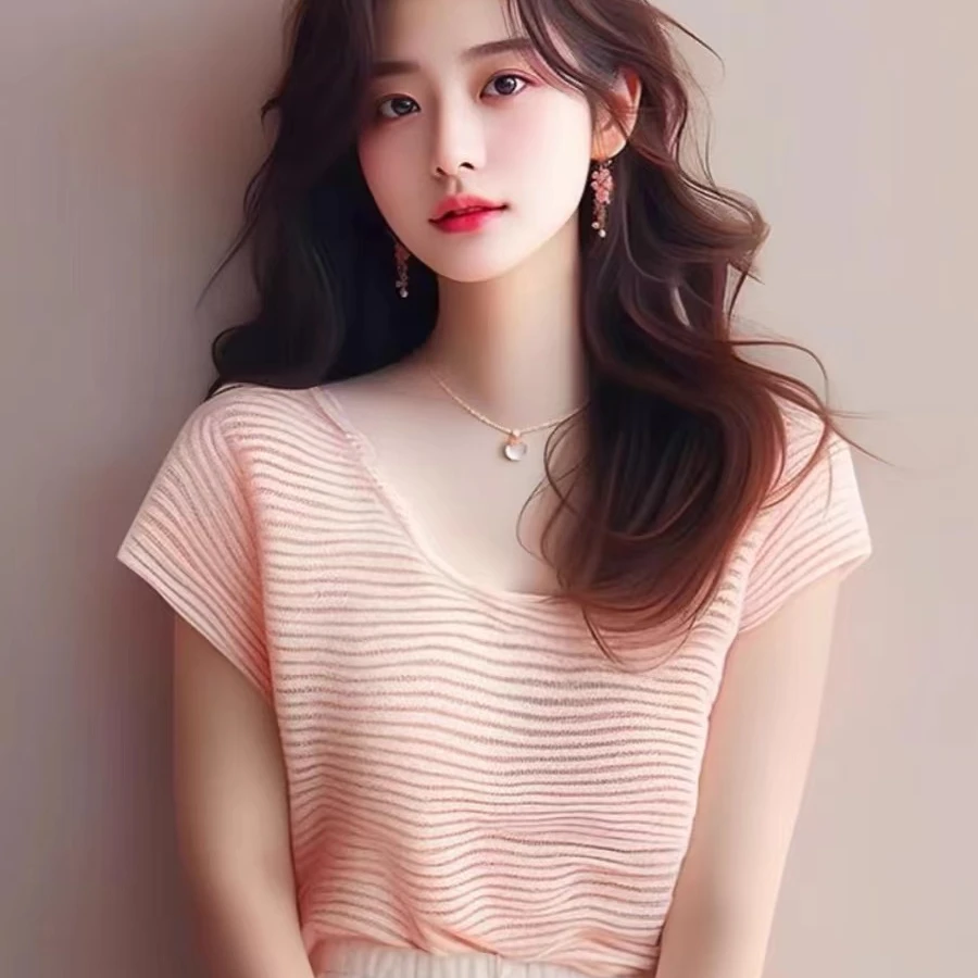 哥弟阿玛施正温柔系U领短袖条纹宽松百搭甜美浅粉色上衣夏季新款