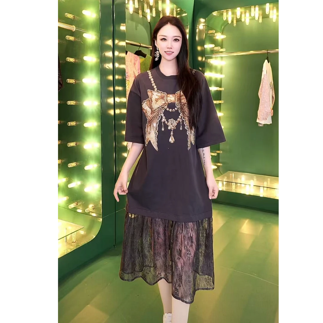 TCH潮牌轻奢时尚烫钻项链蝴蝶结蕾丝灰色连衣裙T75B30E1008