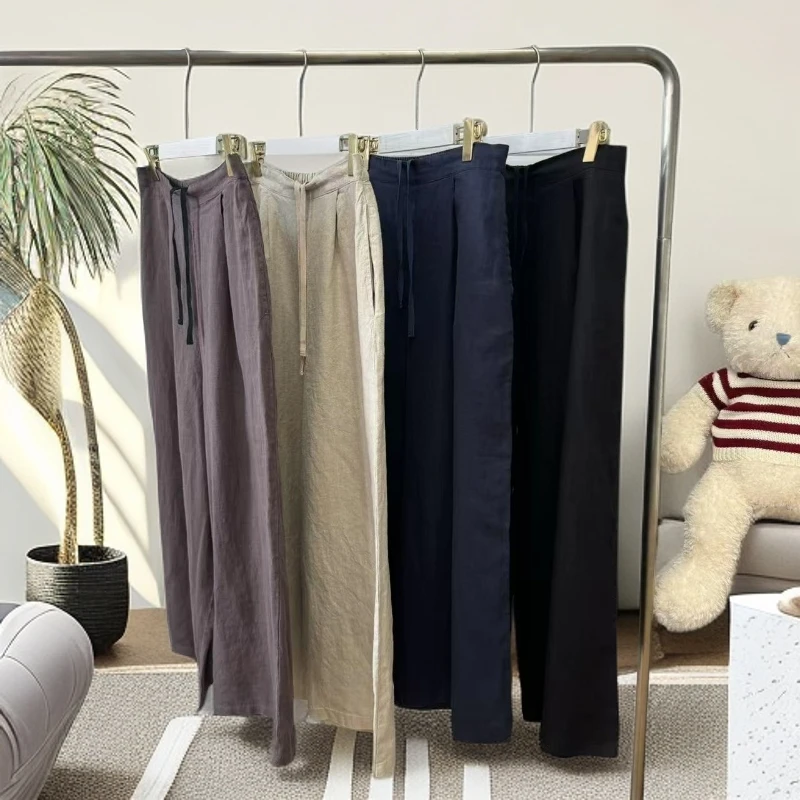 亚麻休闲裤直筒裤简约纯色百搭时尚中腰气质慵懒松弛裤25070277