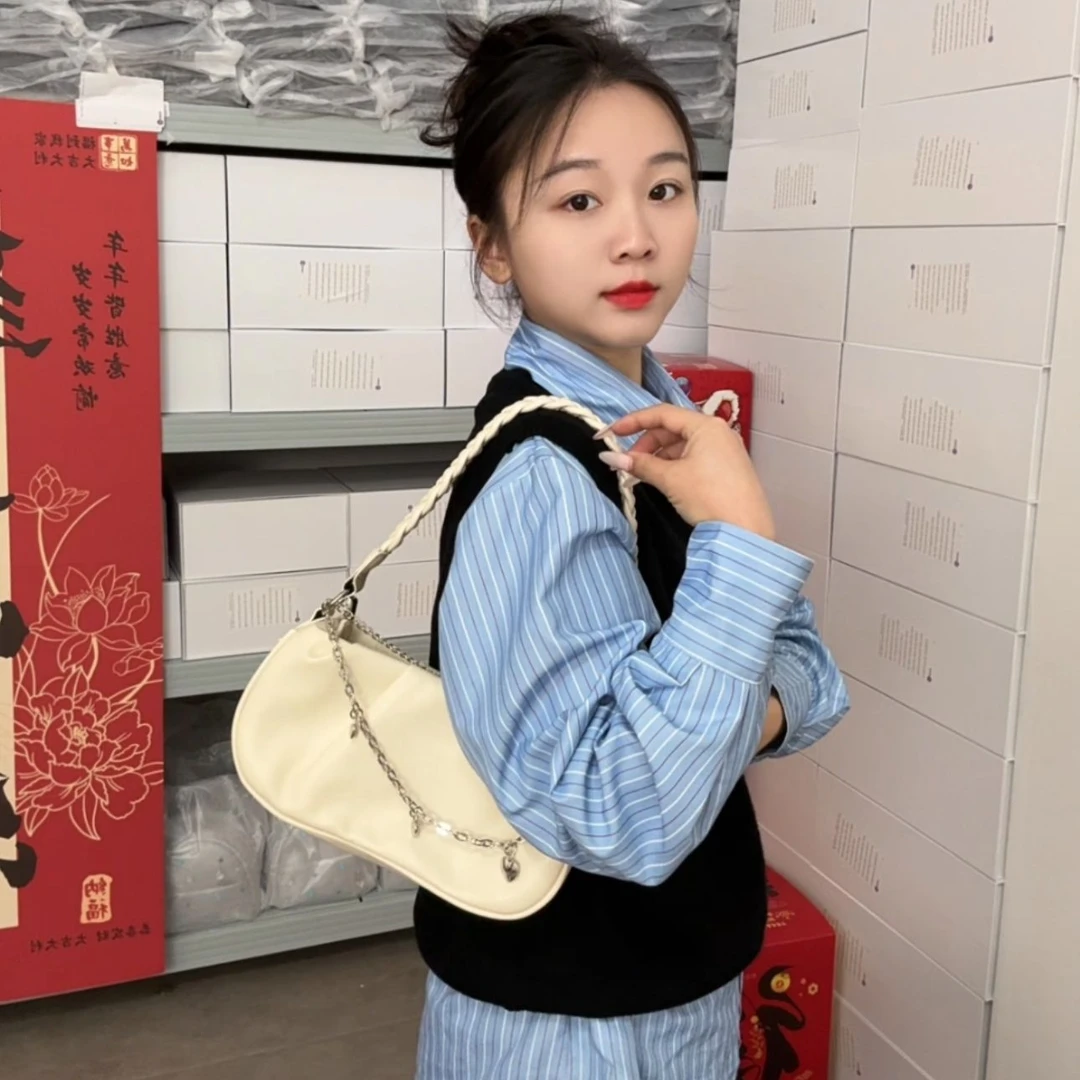 188【麻花链条包白色】百搭褶皱慵懒风单肩斜挎链条包