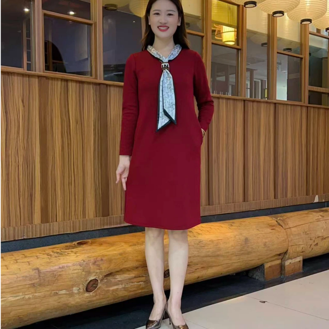 秋季宽松腰优雅长袖围巾领洋气百搭连衣裙显瘦气质收腰裙子