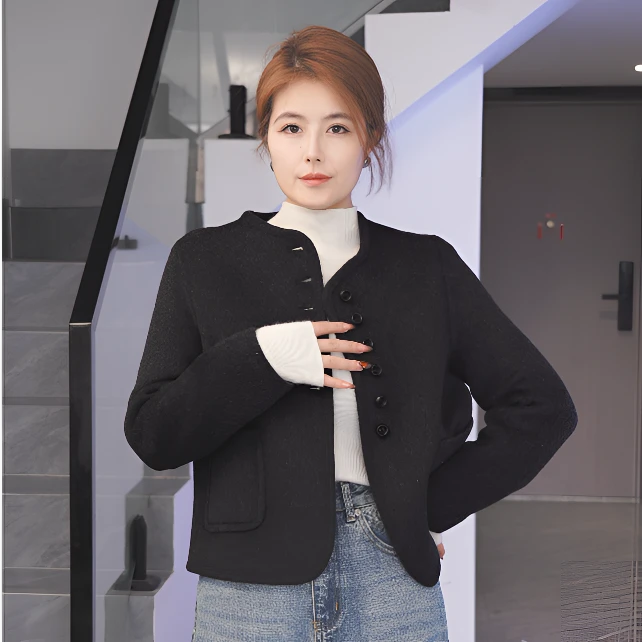 圆领女短款拼接秋冬毛呢双面羊毛外套气质设计师休闲开衫