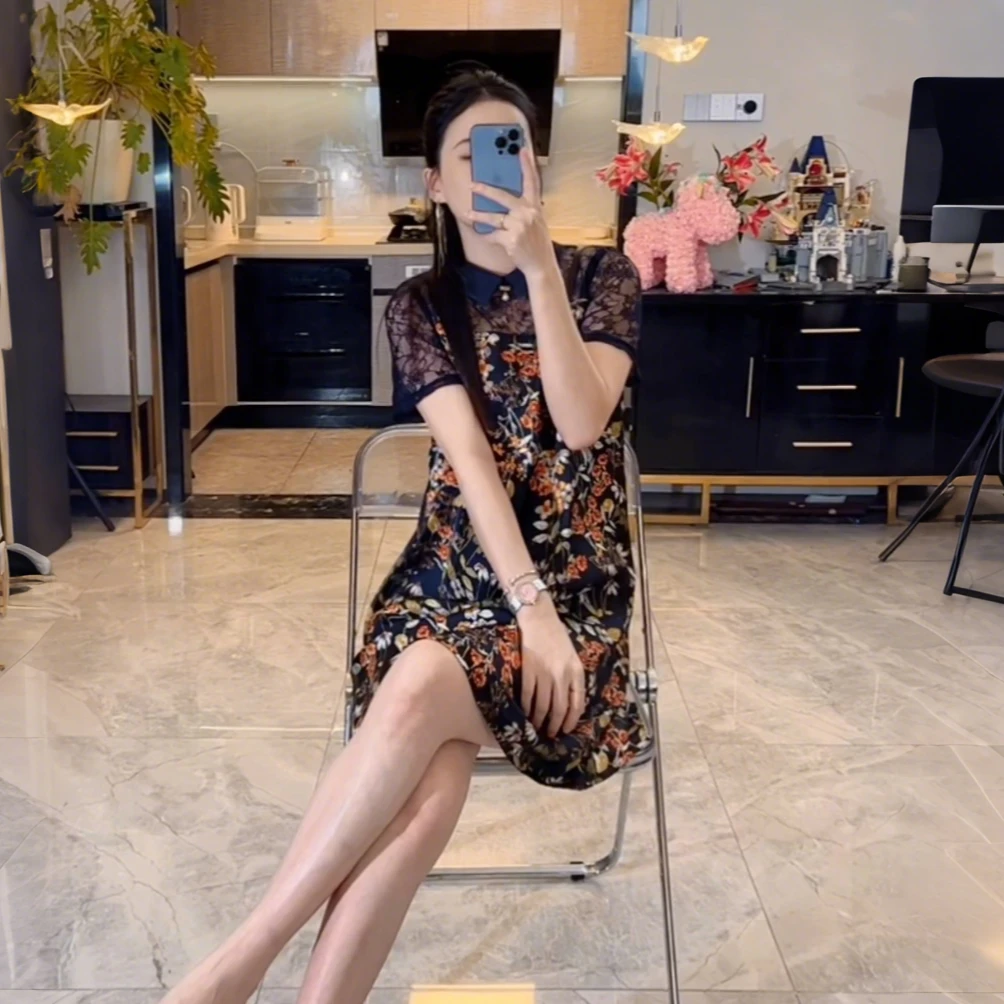 070气质国风蕾丝连衣裙2025新款爆款小个子遮肚子藏肉显瘦A字裙子