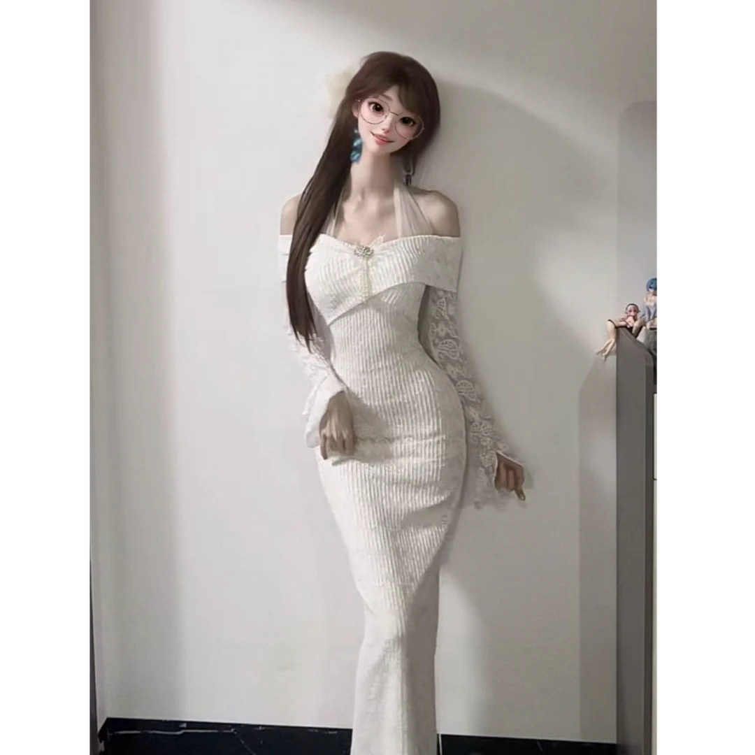 白白【温柔似水】【长裙】纯欲风一字肩冬季包臀连衣裙SBBYN407912