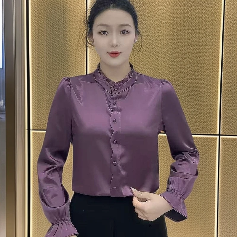 立领优雅设计长袖女衬衫~2025春季新款光泽面料显瘦洋气时尚2509#