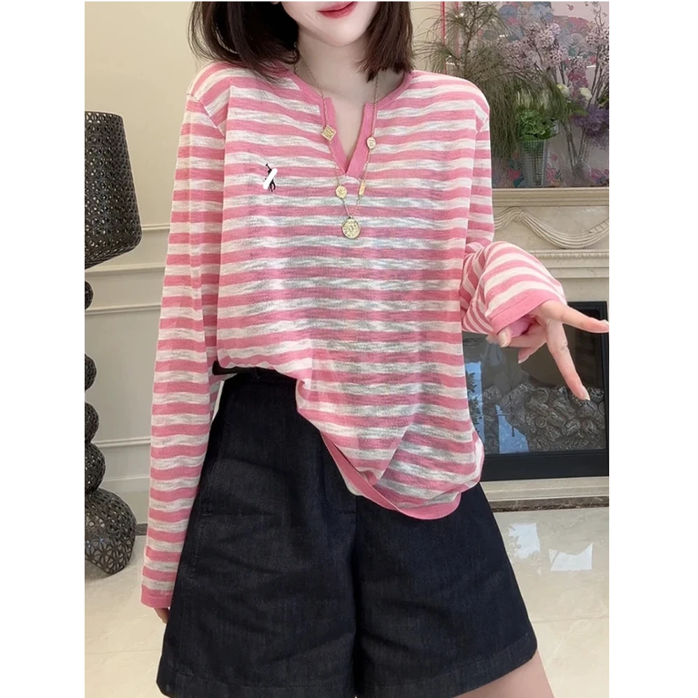 松弛感穿搭条纹长袖t恤女秋季新款休闲罩衫宽松百搭休闲短裤套装