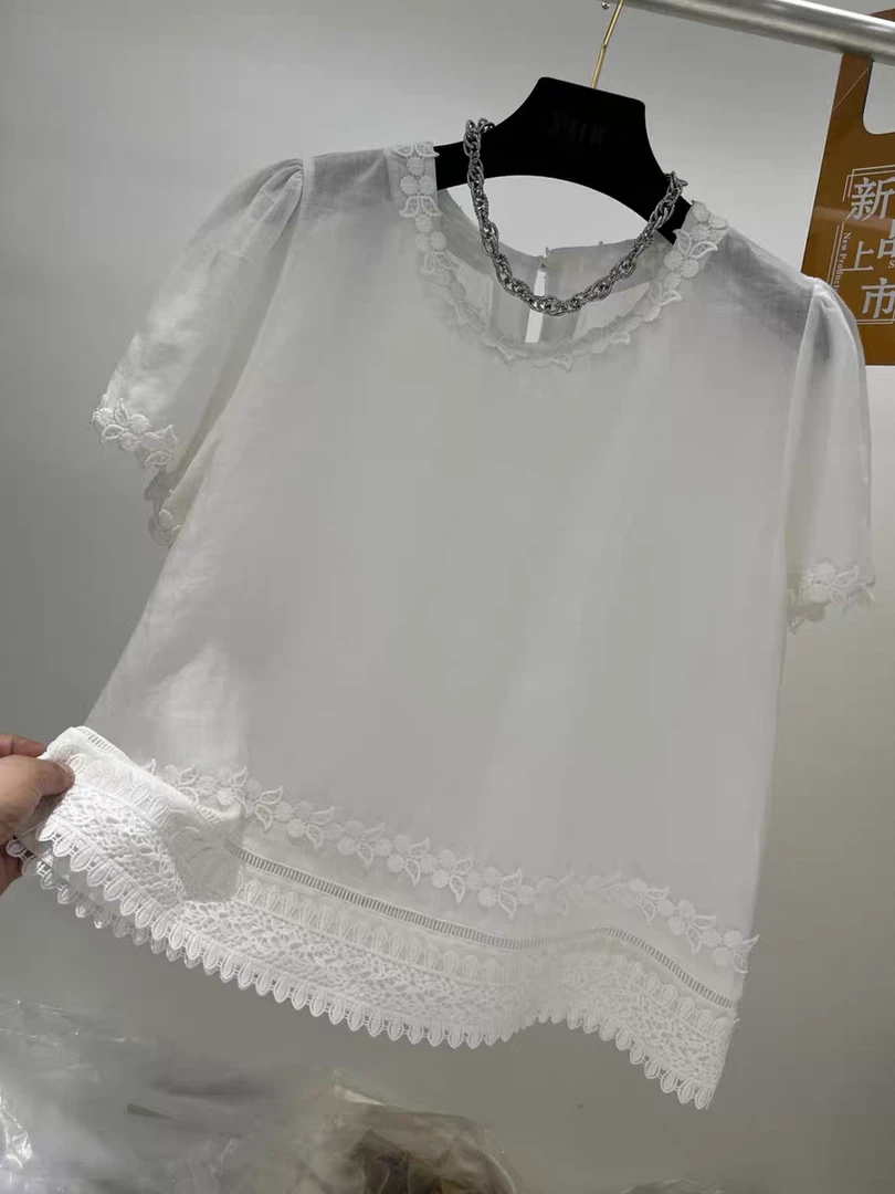 8232花边领净面拼接蕾丝边短袖打底上衣