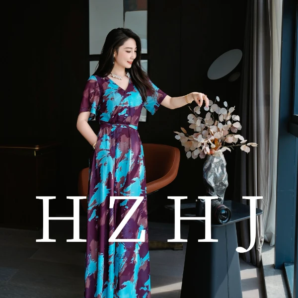 HZHJ原创泼墨青花显瘦夏季中袖连衣裙优雅贵族高定走秀2034