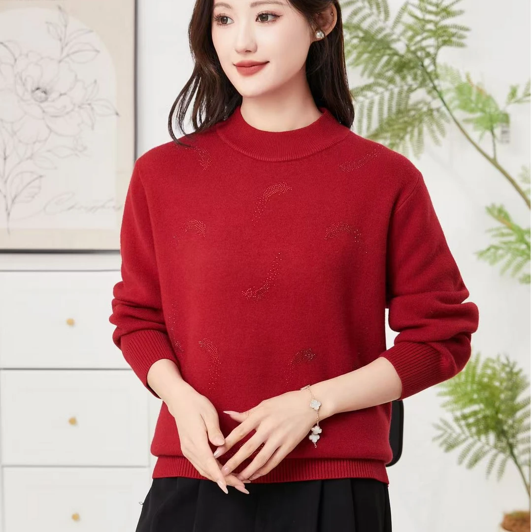 9367半高领加绒烫钻妈妈款毛衣