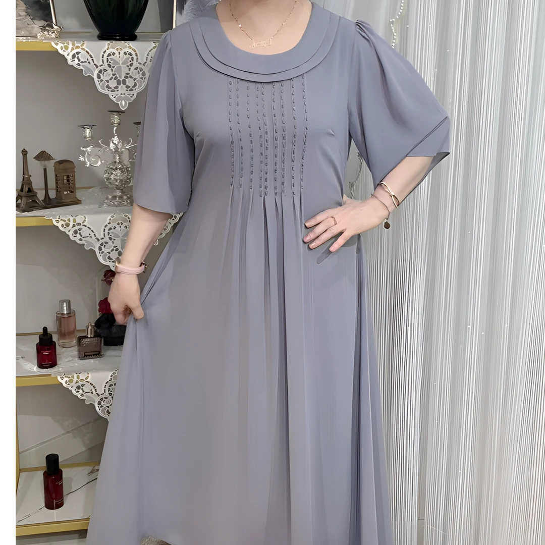 夏季高档珍珠纱圆领喇叭裙喇叭袖连衣裙遮肉夏装气质宽松长裙裙子