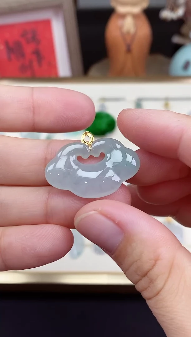 吊坠(不含链)18K金镶嵌翡翠如意锁18K金扣镶嵌@@CMT5950