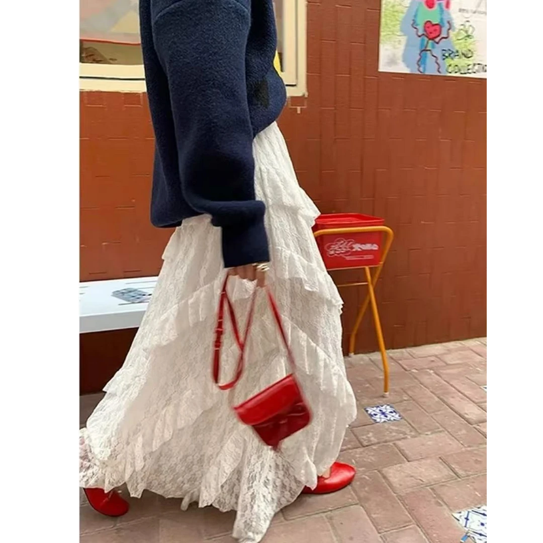 8088-春夏女装显瘦微胖大码蕾丝白色长裙半身裙