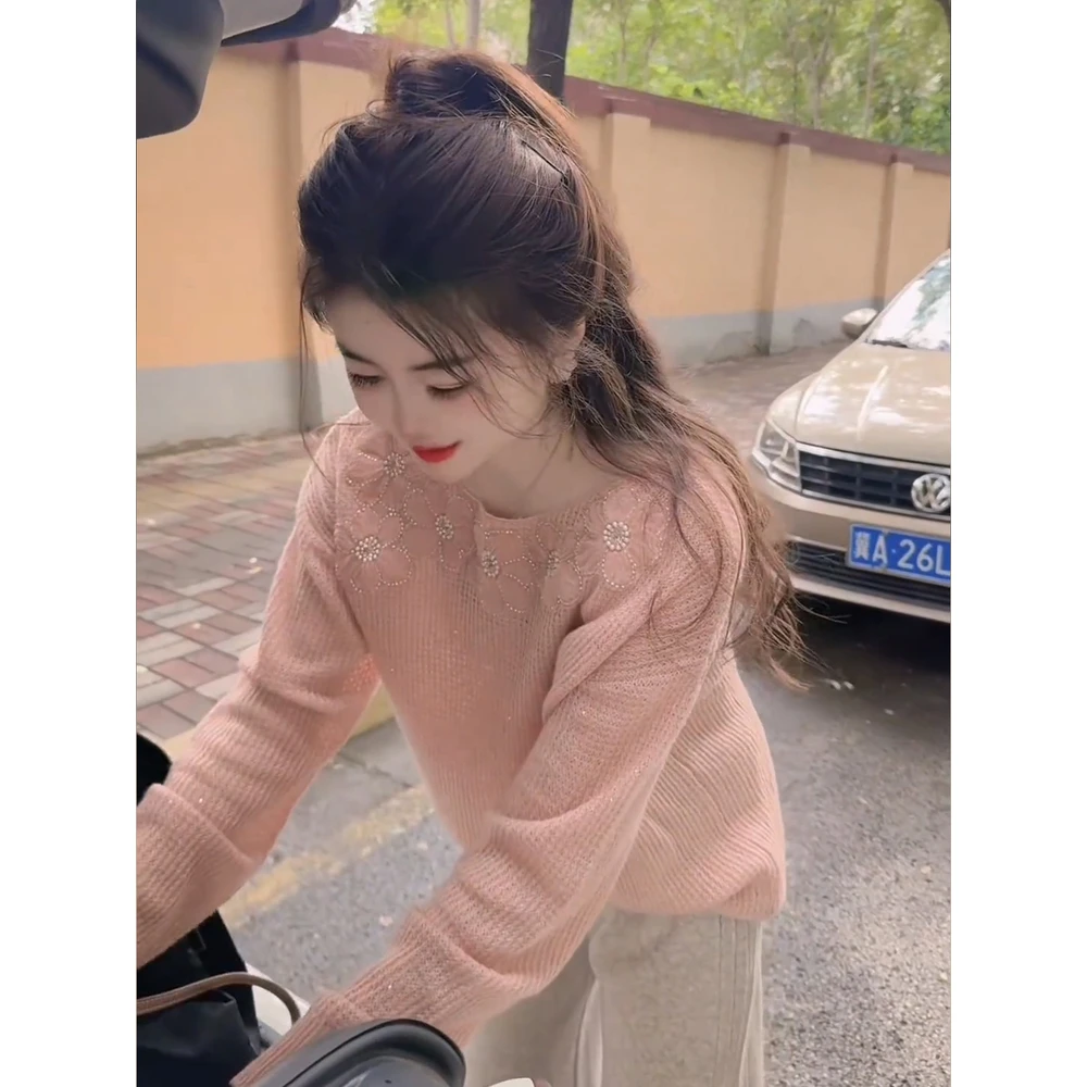 法式粉色针织套衫女2025早秋氛围感巨好看的宽松一字领精致小上衣