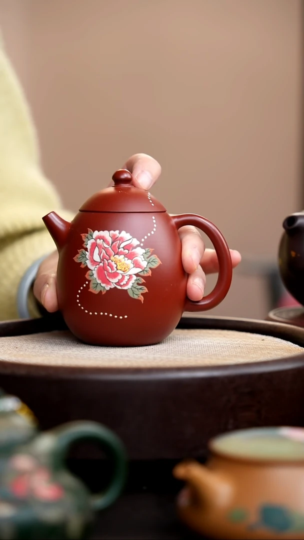 茶壶紫砂朱泥龙蛋泥绘单花