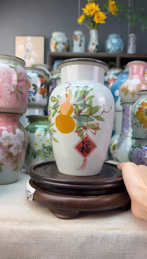 瓶景德镇手绘花器底部无孔内部无釉陶泥材质高温瓷釉下彩