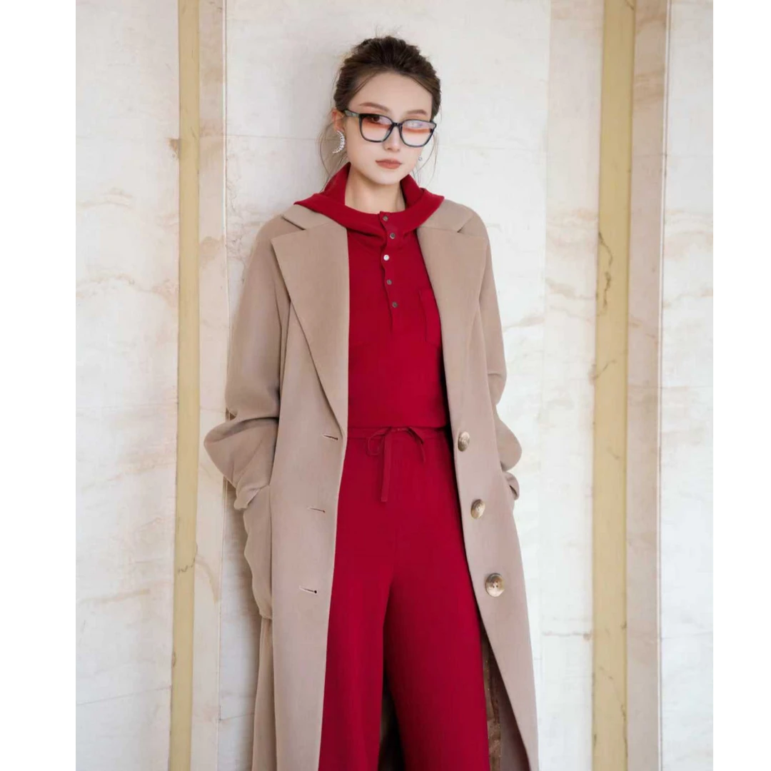 阿玛施AMASS女士秋冬时尚气质百搭宽松长款翻领毛呢大衣5400574