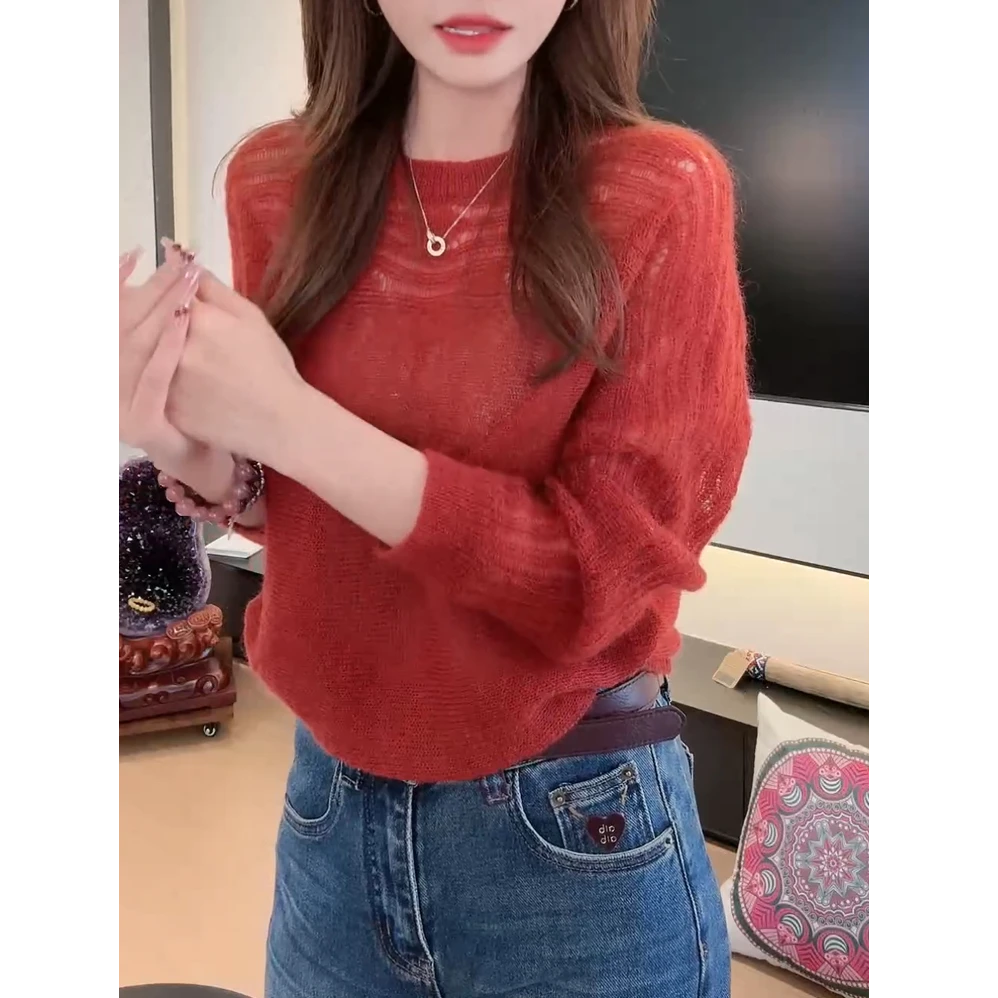 镂空马海毛长袖针织衫女秋季薄款毛衣2025新款韩系慵懒风红色上衣