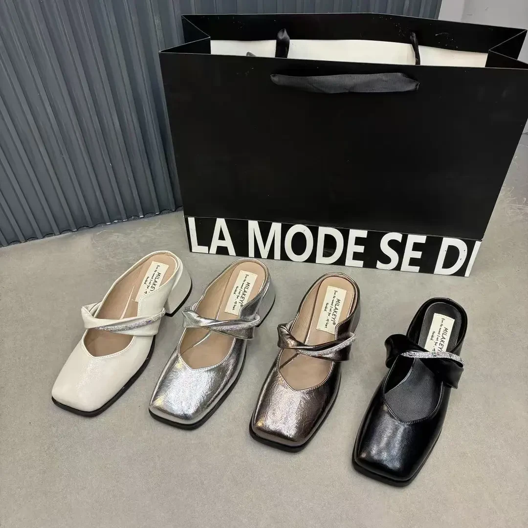 玛丽珍包头半拖鞋外穿2025年春夏新款平底方头浅口银色单鞋女鞋子