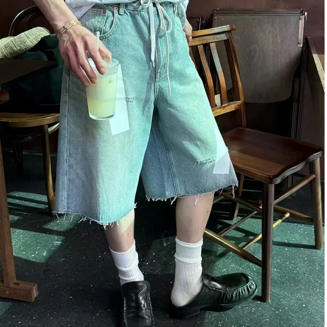 夏季必入款/水洗磨白破洞弹力胶补丁毛须边五分牛仔短裤40307