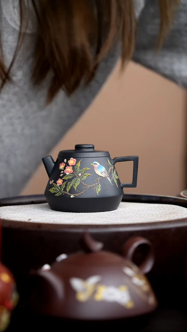 茶壶紫砂思**?云雾天青巨轮壶泥绘花+杯012